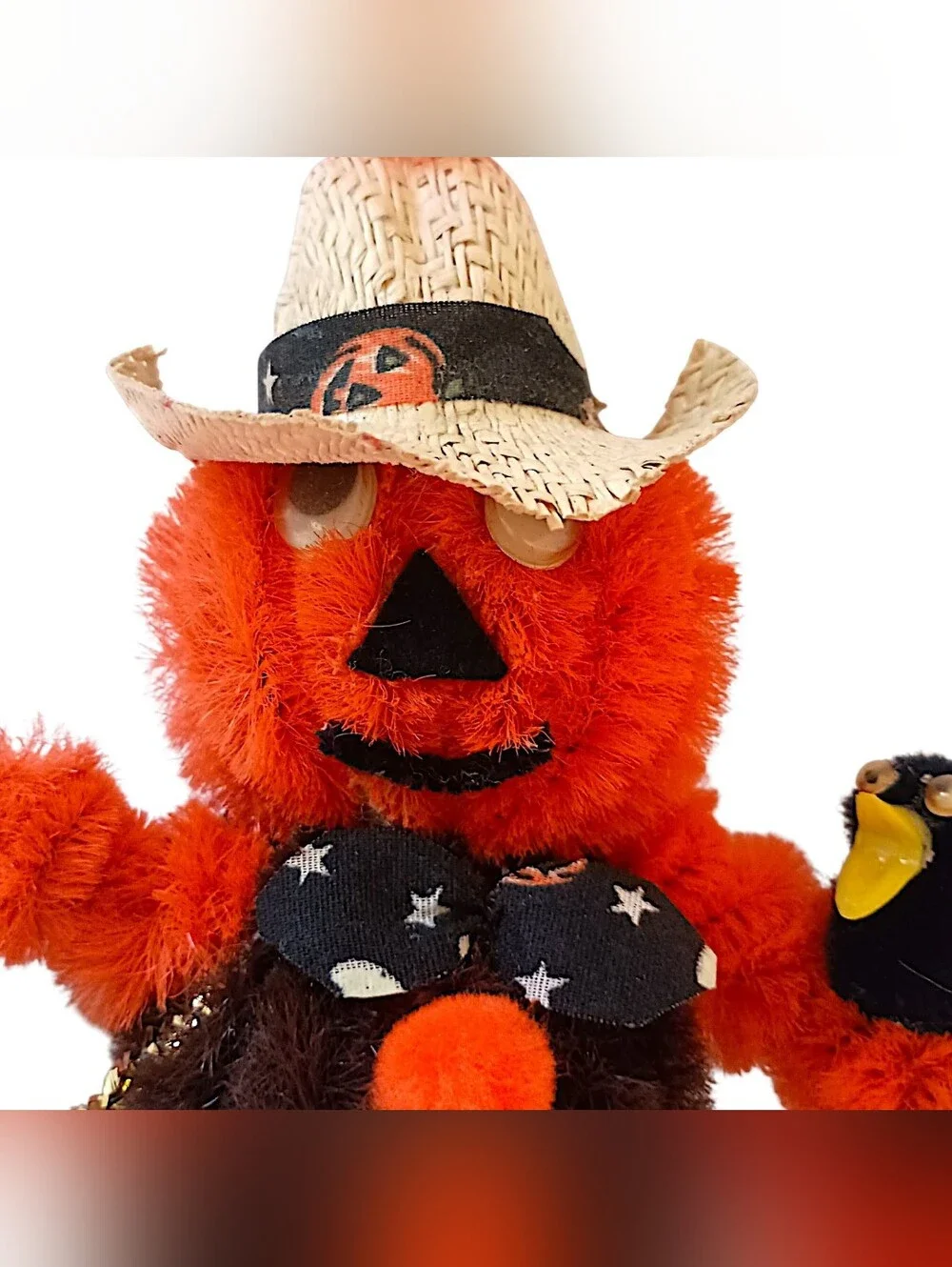 Vtg 70s Pumpkin Halloween Magnet Chenille Pipe Cleaner Scarecrow Googly Eyes